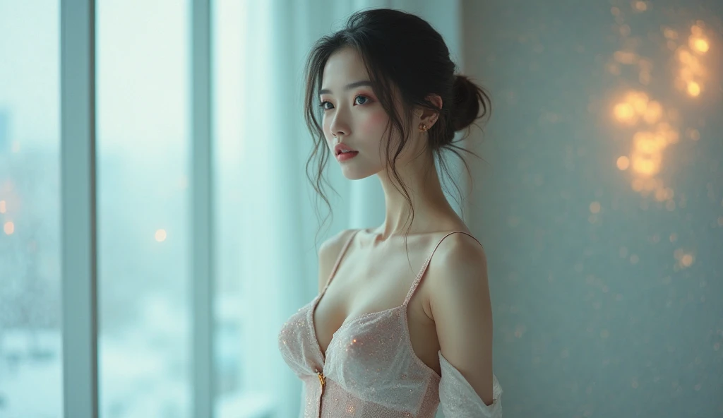 Prostitute, (seductive, enchanting, alluring), hotel window at night(raw photo ,photorealistic:1.5)(beautiful detailed girl, extremely detailed eyes and face:1.2)(best quality ,masterpiece, illustration, an extremely delicate and beautiful, extremely detailed ,CG ,unity ,8k wallpaper, Amazing, finely detail, best quality,official art:1.3)