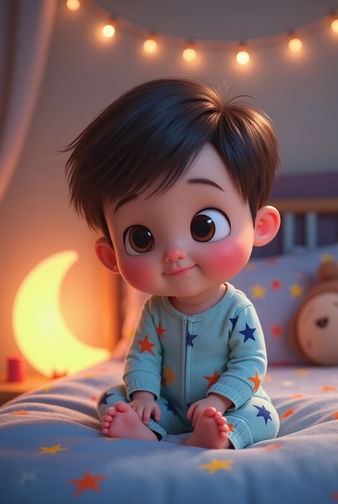 makes image of a white man, 3, model type, with short dark hair, with blue eyes, wearing pajamas buttoned up to the neck, lying down on a bed, Grinning.