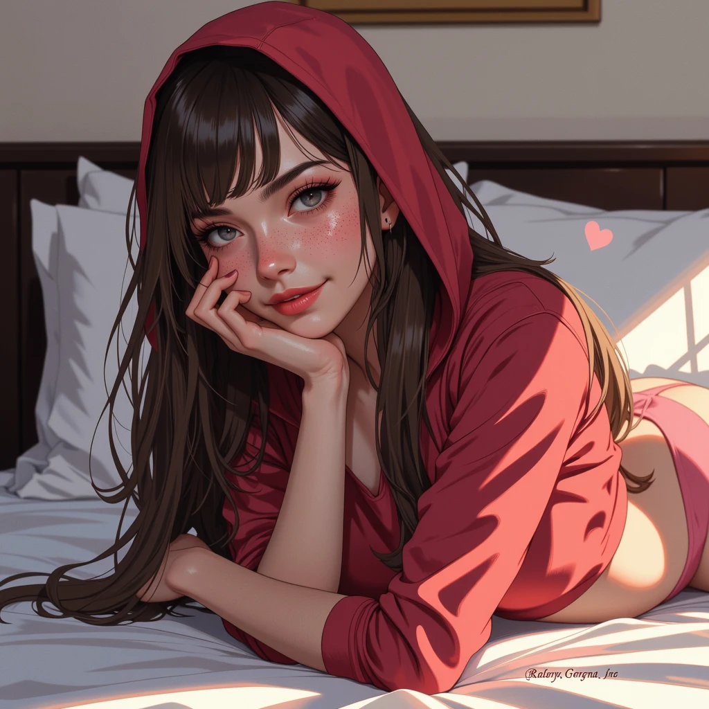 score_9, score_8_up, score_7_up, score_6_up, score_5_up, score_4_up, a girl with red hoodie, seated on bed, glamour, long hair, light, 