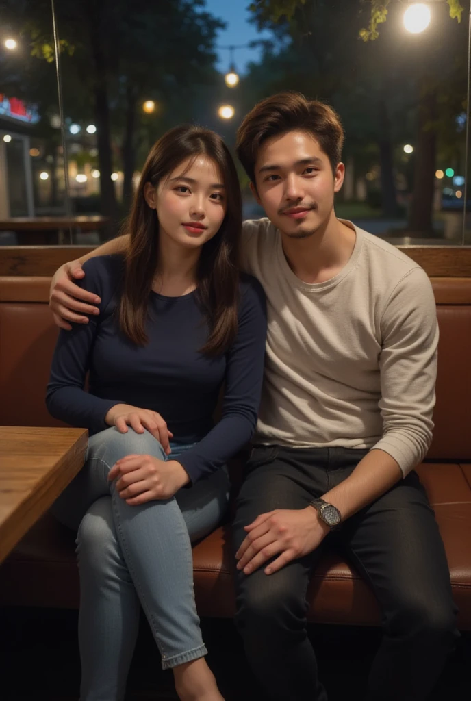 araffe and his girlfriend are posing for a picture at a restaurant, cindy avelino, lovely couple, photoshoot, couple pose, actual photo, official fanart, couple, by Bernardino Mei, kimi vera, full protrait, sweater, inspired by Adam Dario Keel, romantic lead, handsome face and beautiful face, wonderful, fanart, february), promo still
