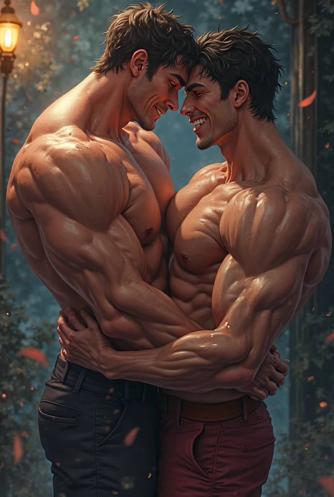 2boys kissing, (Natsu Dragneel) and (Gray Fullbuster), masterpiece, best quality, shirtless slim lean  boys young adults standing in a sunflower field with vivid sunflowers. The men are muscular lean slim and well built, with shiny bodies and defined muscles. The men are naked completely, ((naked)). The men are wearing a necklace, and dripping wet and soggy in a field with blue sky and clouds. sexy expression. ((Handsome face:1.2)), sexual tension in the air,