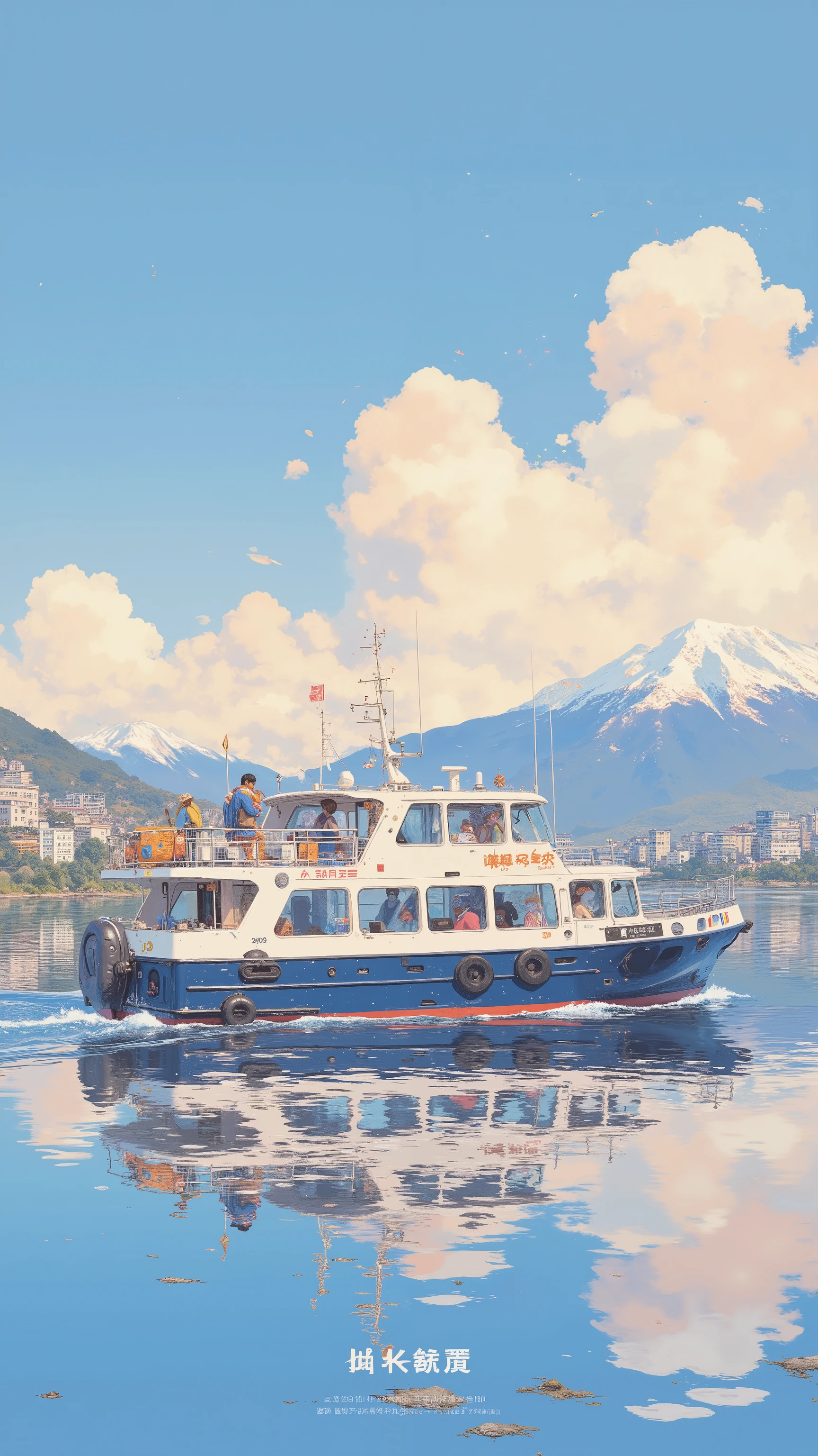 砂浜に座るanimeキャラクタ、In the background is a medium-sized sightseeing boat, ❤🔥🍄🌪, 🪔 🎨;🌞🌄, , by Kentaro Miura, big!!!!!!!!!!!!, slice of life anime, happy!!!, anime style”, official art, an retro anime image, by Hiroshi Arakawa, anime!!!!, FLCL