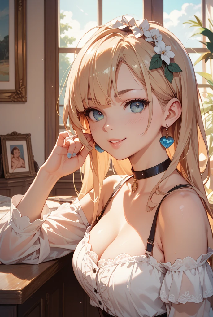 masterpiece、Soft Focus , Bright gradient watercolor、Tabletop, High resolution, 8k, Anime Women, Delicate and detailed writing 、Detailed digital illustration、high resolution, high quality、Detailed Background、Close-up photo、Detailed female face、
anime, alone, One girl, Mature Woman, Marie Rose, Small breasts:0.7, Dark Skin, Woman with dark skin, Make, eye shadow, fix, Sunburned skin, Shiny skin,, Skin of color, Jet Black Skin 、Blonde、
BREAK Light Blush, Cup, bar, Dim lighting, Drunk