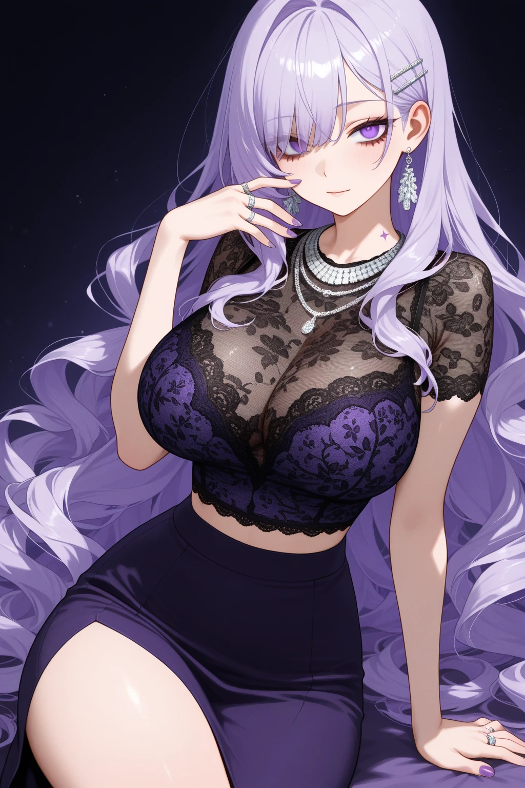Amethyst Her skin is bright lilac, her eyes are dark indigo, and her thick, messy hair is pale lavender and goes down to her ankles, with a large bang that obscures her left eye. She also has plump lips, and a small, upturned nose. Her gemstone is located on her chest, and the bottom half of it was usually covered by her shirt.