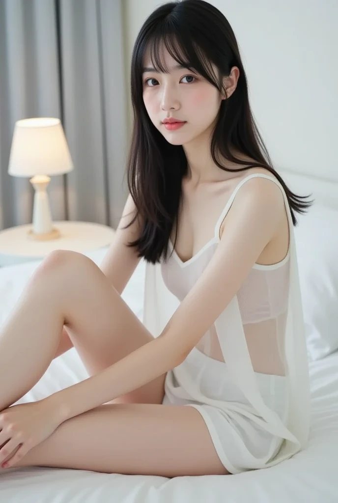 NSFW, 1 girl in、 white see-through slip, White see-through camisole, White see-through tank top, full body Esbian、Ultra-detailed face, Smiling, Wet face, (Loose fit), (15yo student:1.3),A dark-haired、The long-haired、large full breasts, cleavage、curvey, Shoulders exposed、 White sexy panties, White see-through panty, White string panties, (delicate illustration:1.4)、(masterpiece:1.0)、(top-quality:1.4)、(超A high resolution:1.2)、(Photorealsitic:1.4)、(8K、Raw photography:1.2)、(softfocus:1.4)、 (foco nítido:1.4)、sitting on,Inside the tent