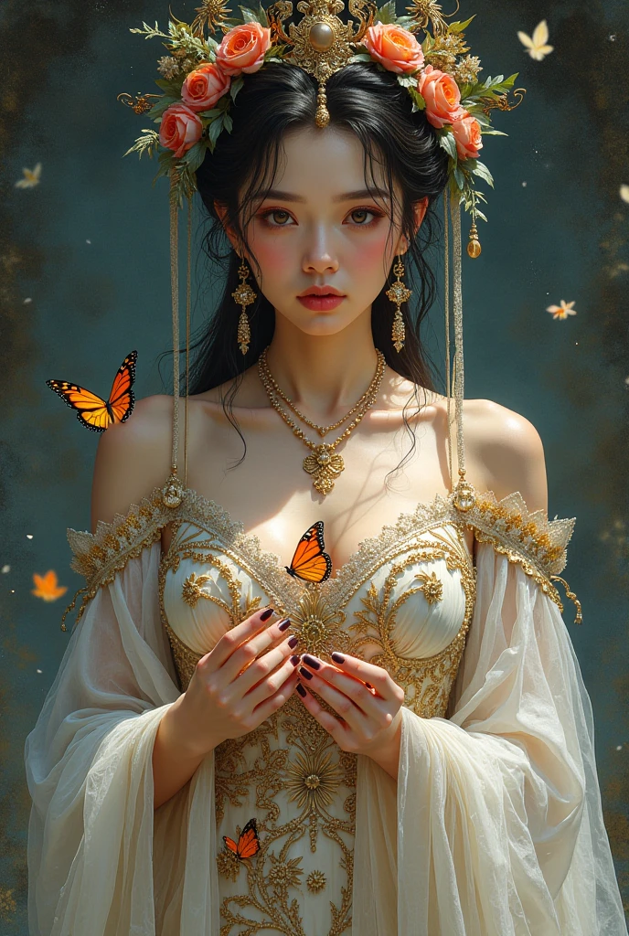 Golden butterfly on a female painting 