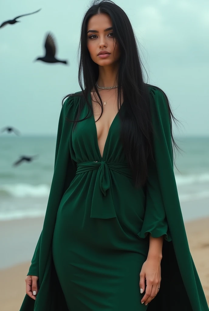 Beautiful girl looks like Billie Eilish, sexy Figur, sexy Pose, Hot clothes, green and black hair, beauty face, at the beach