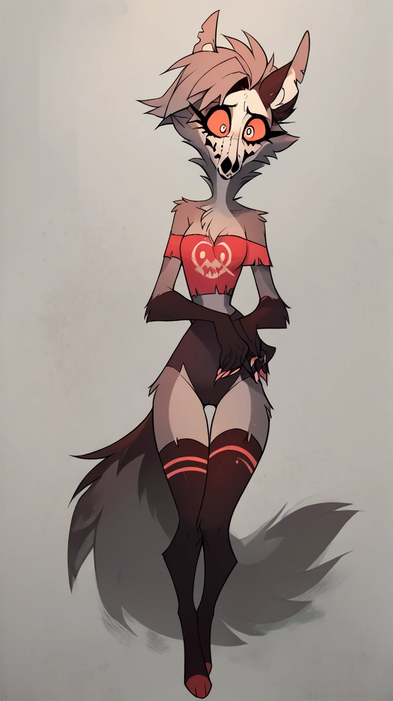 loona, anthro, standing, front view, slit pupils, white eyes, red sclera, looking at viewer, simple background, navel, hellhound, <lora:loona-lora-v2:1>, highly detailed, trending on artstation, soft lighting, Greg Rutkowski, franz aver winterhalter