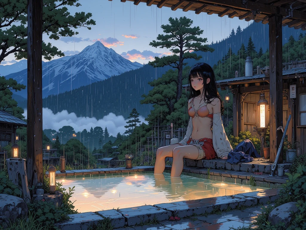 Realistic background blur that looks like it was taken with a high-performance camera.、Please provide high quality illustrations........。A beautiful girl soaking in a hot spring with a relaxed expression.、The steam rising from the bathtub is beautifully depicted.........。Attention to detail in hair and skin、Enjoy the natural texture。To convey the atmosphere of a hot spring area、Please draw the surrounding scenery and hot spring facilities.........。Highlight that the beautiful girl is wearing a red bikini。。。、Please draw an illustration that takes advantage of her charm.........。"