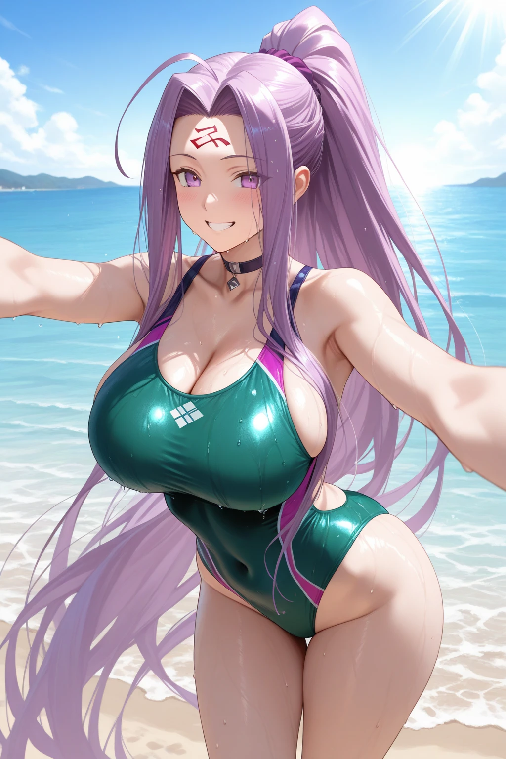 (best quality, masterpiece), glistening shiny, glowing light, ray tracing, HDR, deph of field, 1girl, solo, (thick thighs:1.4, wide hips:1.4), competition swimsuit, turtleneck, armpits, standing, looking at viewer, tanned, tan, tanlines, revealing tanlines, wet, pool, summer, sweat, sweatdrop, latex skin, swimming, <lora:more_details:0.5>, <lora:YukikoMisuzu:0.8>, YukikoMisuzu, 1girl, mature female, green hair, long hair, purple eyes, gigantic breasts, curvy, pink lips, naughty face, smirk, smug, seductive smile, hands in hair, seductive pose, contrapposto, arms behind head,