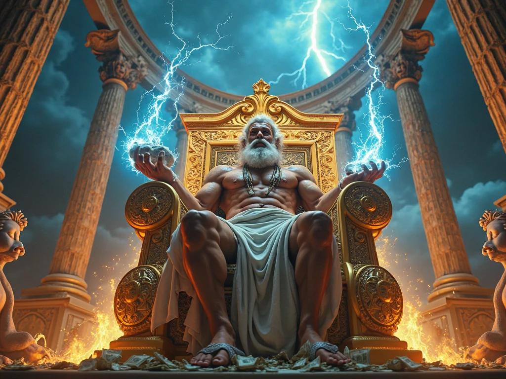 arafed image of a man sitting in a throne with a fire in his hand, furious god zeus, the god zeus, the god hades, epic scene of zeus, greek god, the god poseidon, ancient god, painted portrait of rugged zeus, ancient blacksmith god, father time, the god hephaestus, greek myth digital painting, norse god