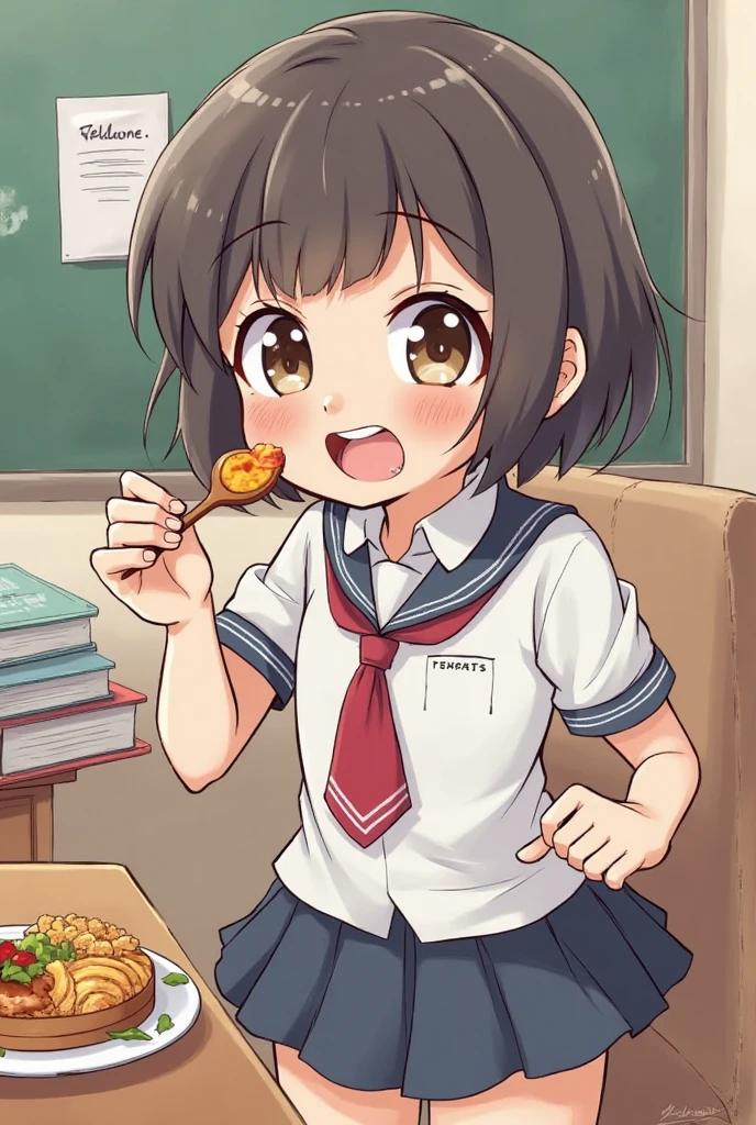 Holding a sausage with one hand and facing the sausage ready to eat Japanese girl elementary school realistic style