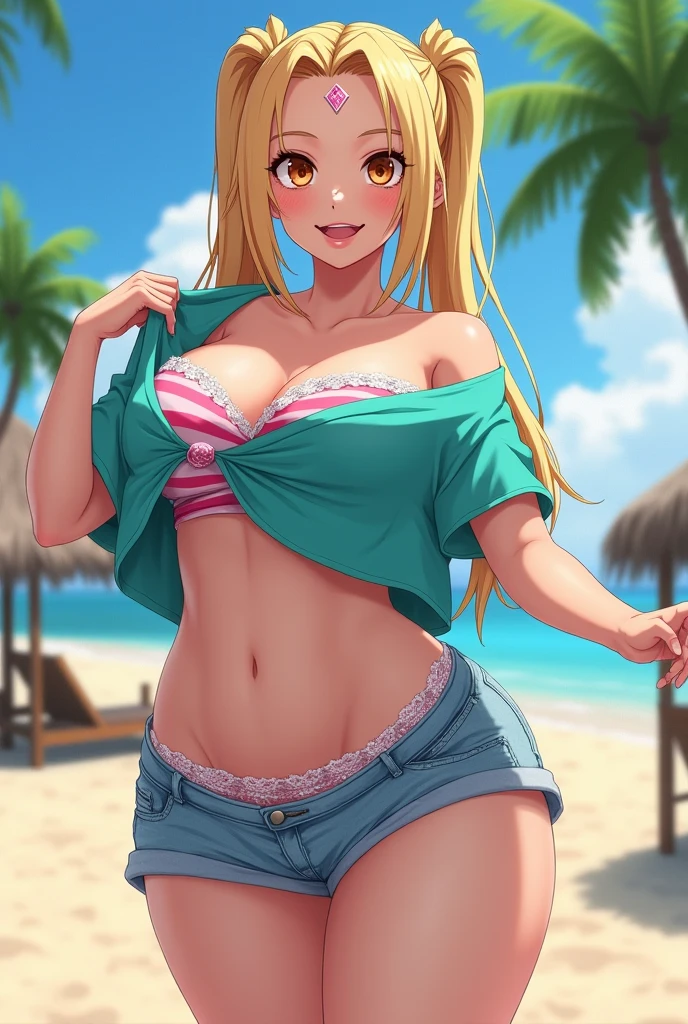 Woman, unbuttoned unzipped jean shorts, pink bikini top, sunglass, boardwalk by beach, carrying six pack of cola, smirking, long blonde hair past the butt, blonde bombshell babe, 44 J cup, wide hips,