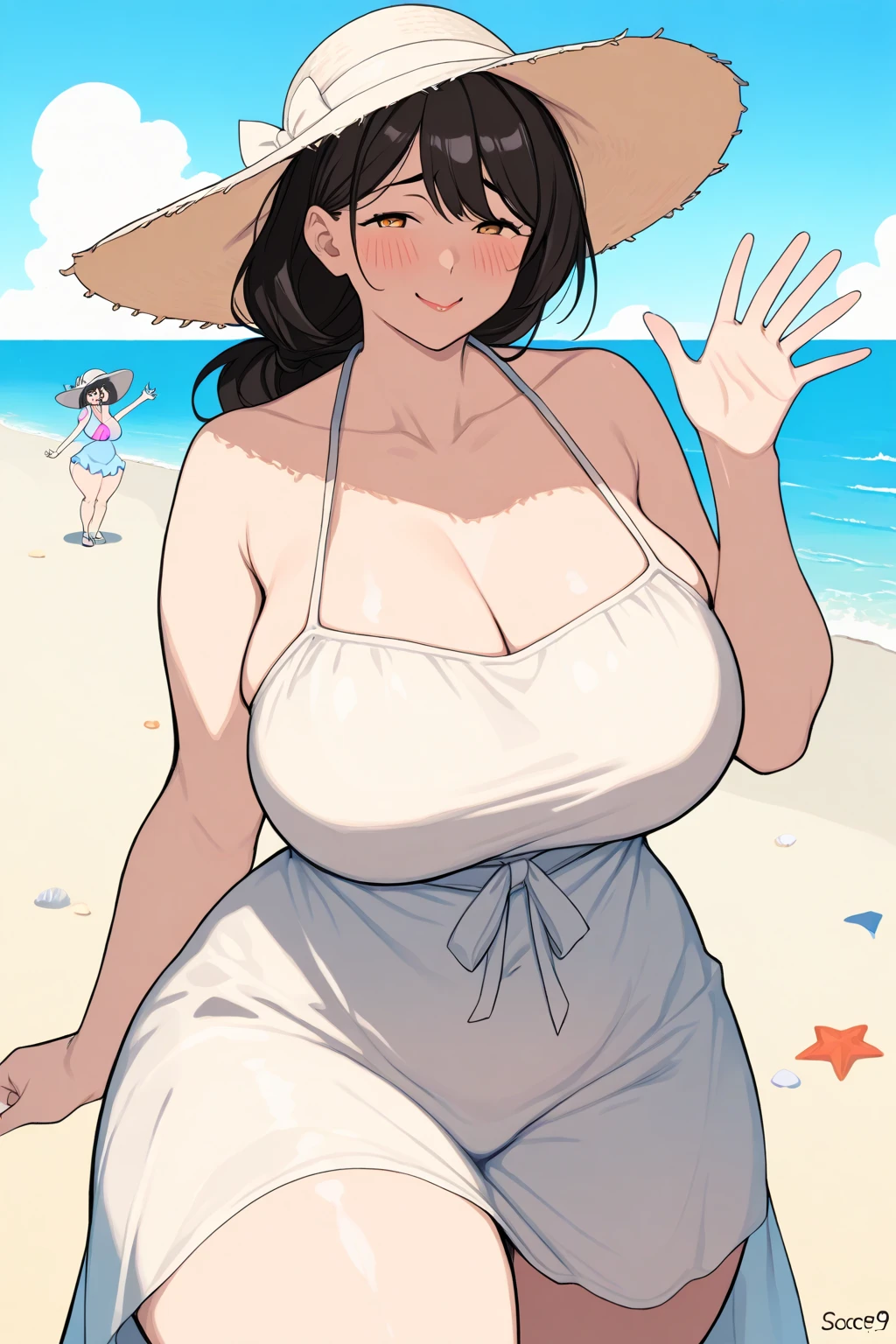 the entrance to a beach resort, a chubby girl next to the entrance, very chubby, large belly, massive thighs, large breasts, tight clothes, softly smiling, standing next to a sign that says 'Opu Nui Beach & Resort', palm trees, in front of a beach, wearing summer gown, standing beside the sign, resort in the background, wearing a large white sunhat, gesturing to the sign for the resort, very sexy, very fat, obese, beautiful woman, standing up straight, close up on body, green eyes, very plump body, welcoming,