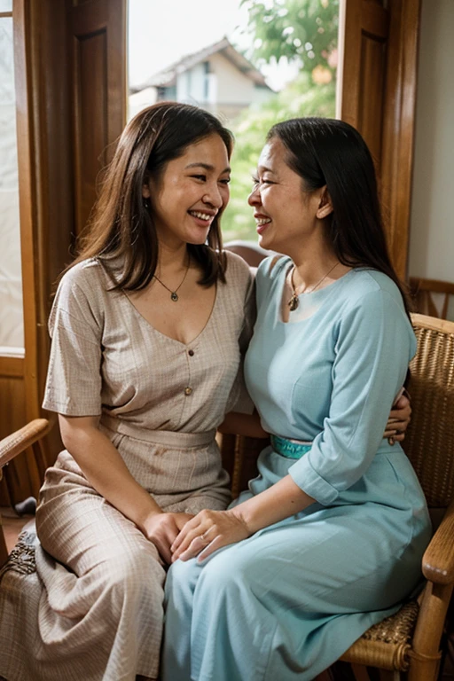 Lesbian couple sitting outdoors at a staircase and relaxing. One of the women leans on her partner with her eyes closed and another female strokes her partner's hair and looks into the camera, shot with Sony Alpha a9 II and SONY FE 35MM F/1.4 GM lens, natural ligh, hyper realistic photograph, ultra detailed