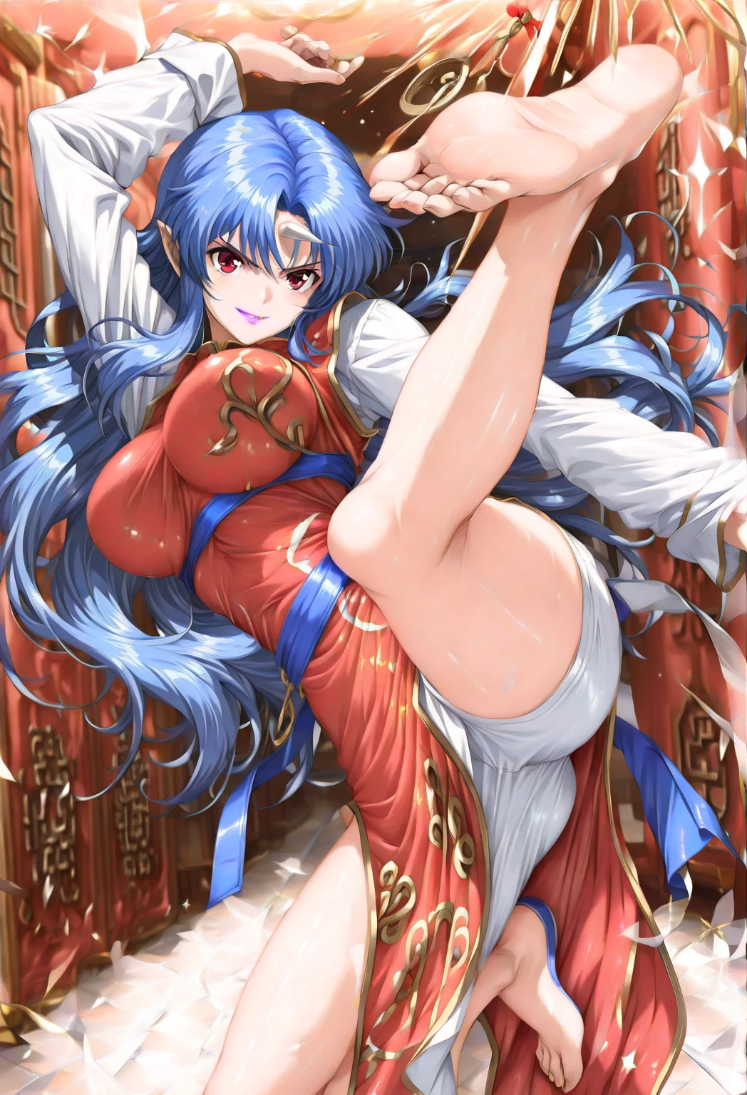 Beautiful 15 year old Chinese Kung Fu girl princess with short blue hair Gorgeous embroidery, Ultra glossy, She is wearing shiny red long sleeve floral pajamas.... She was crucified and had tentacles inserted into her pussy