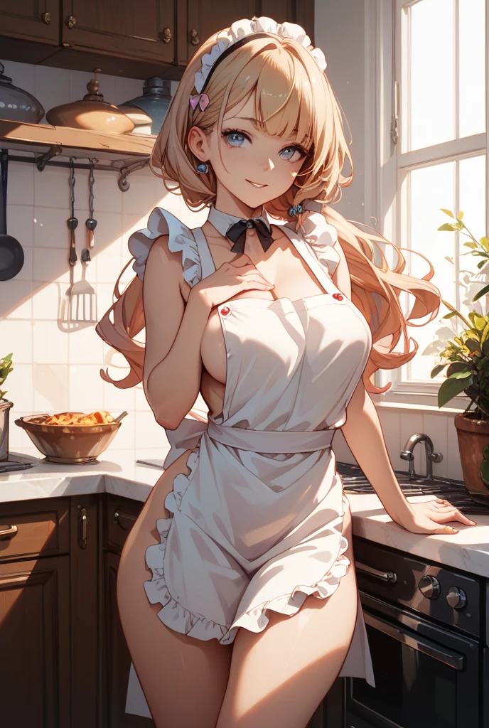 (masterpiece), best quality, expressive eyes, perfect face, beautiful girl, blonde hair, short hair, hair details, green eyes, ((sleepy eyes)), ((smiling)), soft face, (cute face), perfect body, medium breast size, big ass, ((sexy dress)), short dress, indoor, high resolution, ultra high details, high quality
