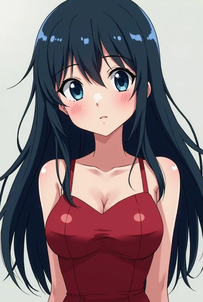 (masutepiece, Best Quality, High resolution:1.5, anime colours, megami magazine:1.2, anime poster style, anime keyvisual, sharp, 8k, photorealistic), (beautiful detailed eyes:1.5, beautiful detailed face:1.2), madoka ayukawa, 1girl, blush, (black hair, Long Hair), (sagging large breasts), (red bikini), upper body, (Perfect detailed Anatomy, beautiful detailed hair, beautiful detailed body:1.2, shiny skin), (thick outline, Beautiful outlines, black outlines), simple background
