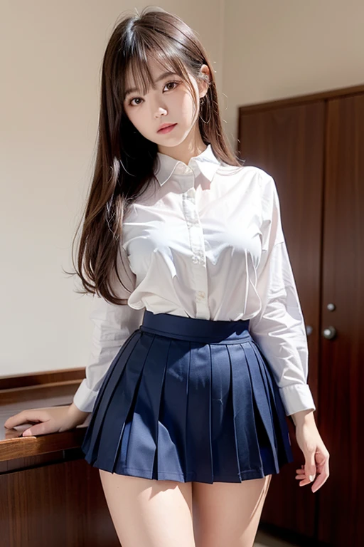 Photorealistic,(masterpiece, best quality: 1.1), (ultra highres, ultra-detailed: 1.2) ,photogenic,school girl,A girl inviting the audience with a lewd expression,(16yo,beautiful detailed face,(navy hair-color,wavy-short hair),parallel eyebrows,navy eyes with large irises,blunt bangs,small nose, fresh lips,small breasts),80denier black pantyhose,school white blouse,Dark blue pleated skirt,slutty,smile,(fullbody), beautiful lighting, volumetric lighting, dynamic angle,