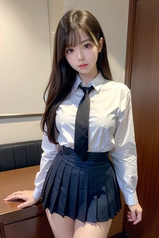 ((1 girl)), ((Best Quality)), ((Ultra-detailed)), ((High resolution)), (8K Wallpaper), ((Perfect dynamic composition)), Realistic, Indoors, In the classroom, A blackboard and some tables, ((Cinematic lighting)), Solo, Cowboy shot, Japanese girl, Wavy long hair, Bangs, Brown hair, ((Beautiful detailed eyes)), , (Dress shirt:1.4), White shirt, ((Large breasts)), Short sleeve, Navy pleated skirt, Short skirt, Standing, Seductive pose, Smile, (Looking at viewer)