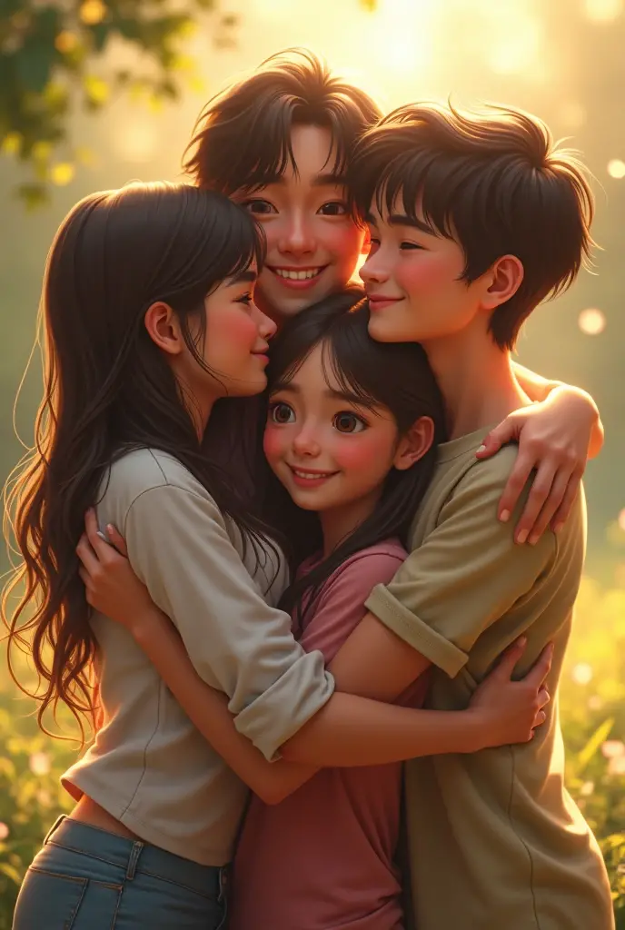 One brother smiling with his two sister hug 1:1 ration image