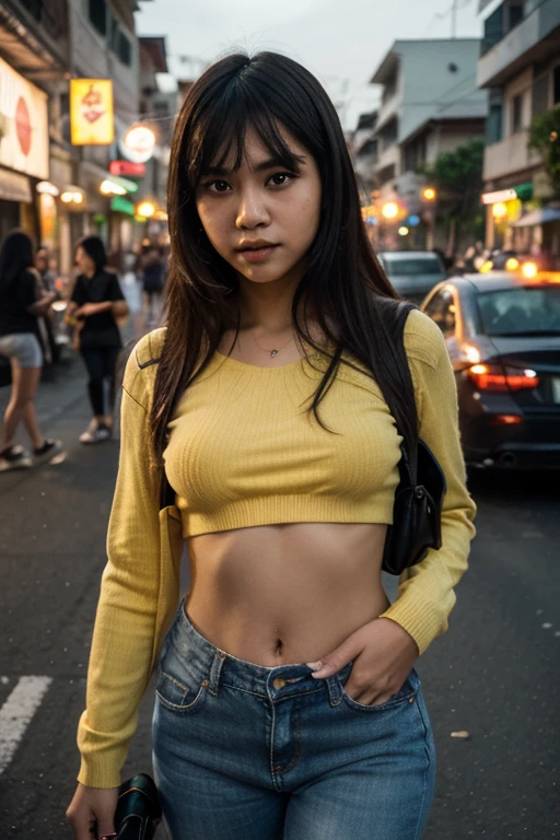 Beautiful girl, half Thai-Japanese face, super model figure, hands and feet have beautiful details. Wear a singlet Black low-waisted leather pants Standing on a crowded Thai street, she has tanned skin, braids, bangs, and red lipstick on her lips. Full body tattoo