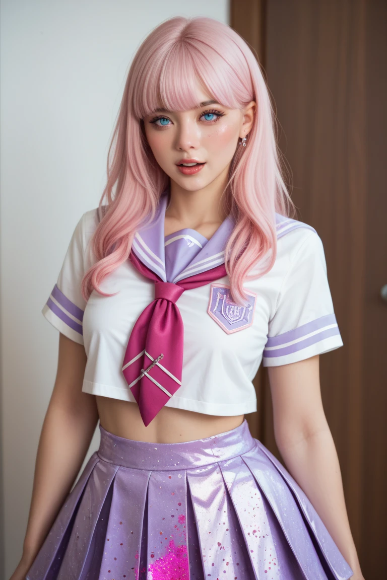 Young woman, blue eyes, rib cage shirt, skirt, one striped stocking, the other one in the asterisk, White hair, pink ends or bangs in the hair