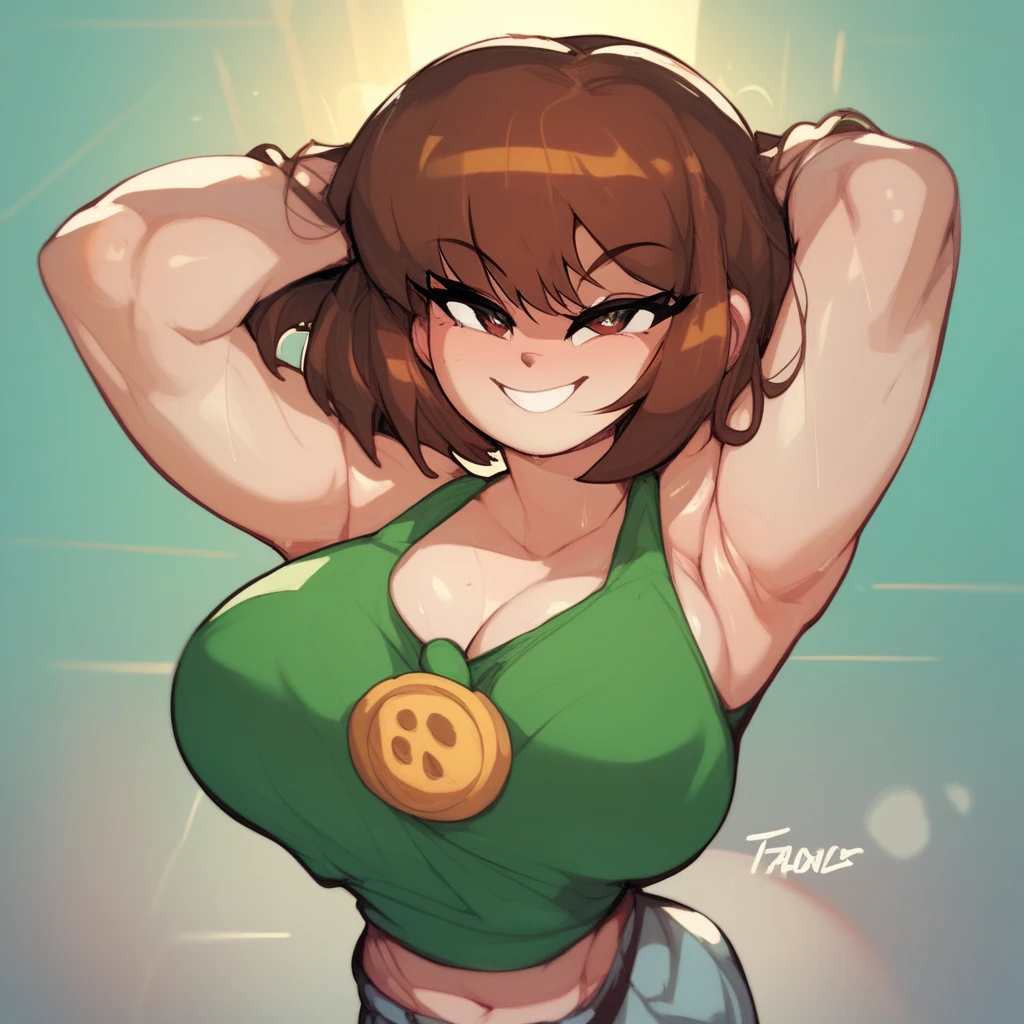 score_9, score_8_up, score_7_up, enthusiastic girl, wearing short croptop showing underboob and hotpants, round huge_breasts, modeling, abs physique,happy (mischievous:1.6),lively,