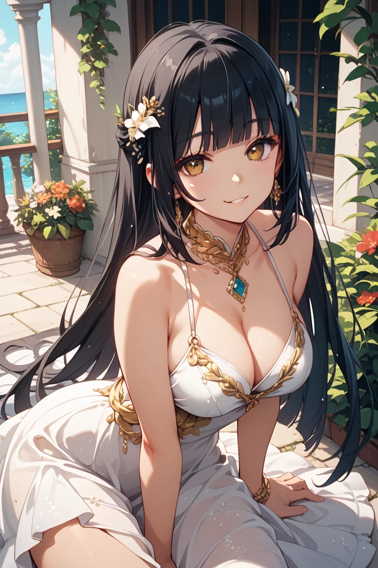 A Woman, black hair, closed eyes. In a royal Queen dress. Wearing a crown, big breast and small waist. 