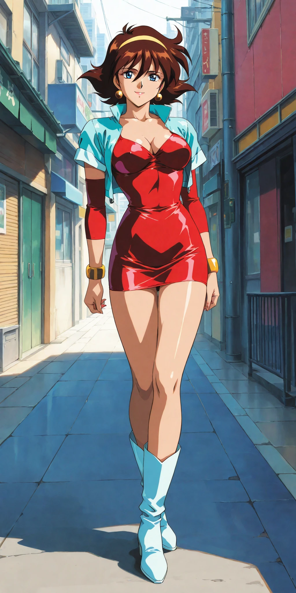 masterpiece, best quality, highres, 1girl, solo, solo focus, superhero, leotard, blue leotard with white accents, bare legs, tight belt, boots, matching boots, blue boots, medium breasts, bracelets, full body shot, cowboy shot, standing, smile, haruhi, looking_at_viewer, smile, short_hair, open_mouth, bangs, brown_hair, ribbon, cleavage, brown_eyes, hair_ribbon, :d, hairband, medium_hair, v-shaped_eyebrows, orange_hairband, city backdrop, sleeveless, hands on hip