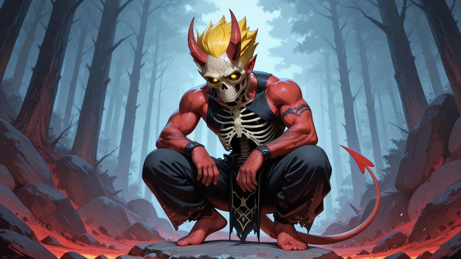 "Living sculpture, perfectly shaped body, multicolored fire hair, skull face, just like those of the Ghost Knight! Broken chains adorn the wrists, in a forest at night, creating a magic circle of star-shaped fire, with orange and purple colors in a degrade."