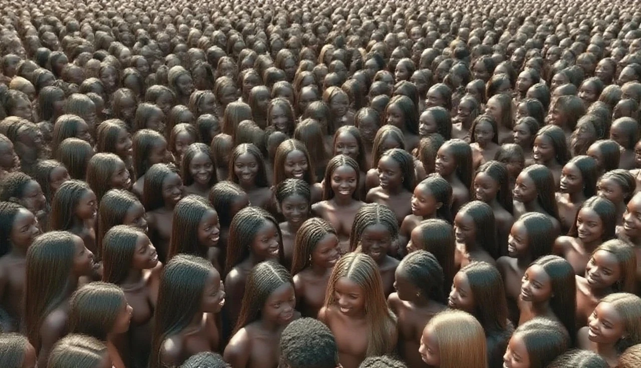 harem full of african girls in a large room, kneeling on all fours, wearing no panties and no bra, from behind, looking away, masterpiece, 16k, photorealistic