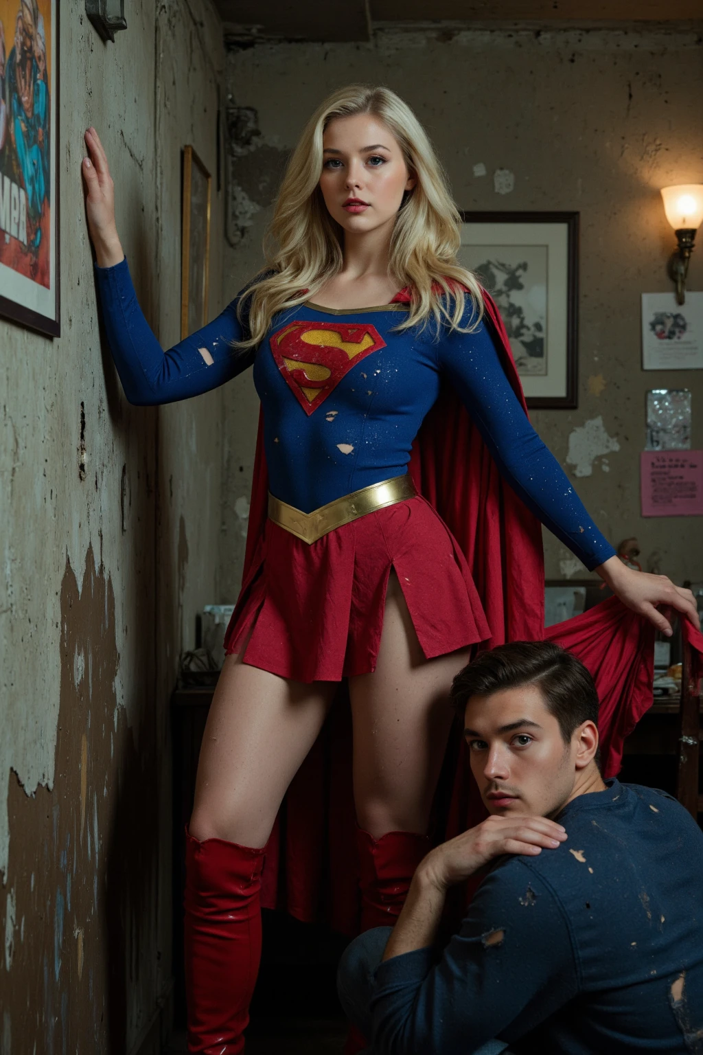 Trem lotado, supergirl loira sexy,  handsome man holding her from behind and talking in her ear, Elevation-a, mini red skirt swinging up, 40k, fotografia, obra-prima da Supergirl, melhor qualidade, fundo cinza escuro, (1supergirl olhos bem azuis e cabelos loiros logo enrolados com pernas abertas), seios grandes perna totalmente aberta, (round swinging sexy miniskirt: 1.3), (camisa branca aberta:  1.3), Older man leaning against her from behind picking her up, Poses variadas. Wearing super heroine costume. A handsome man holding her from behind.