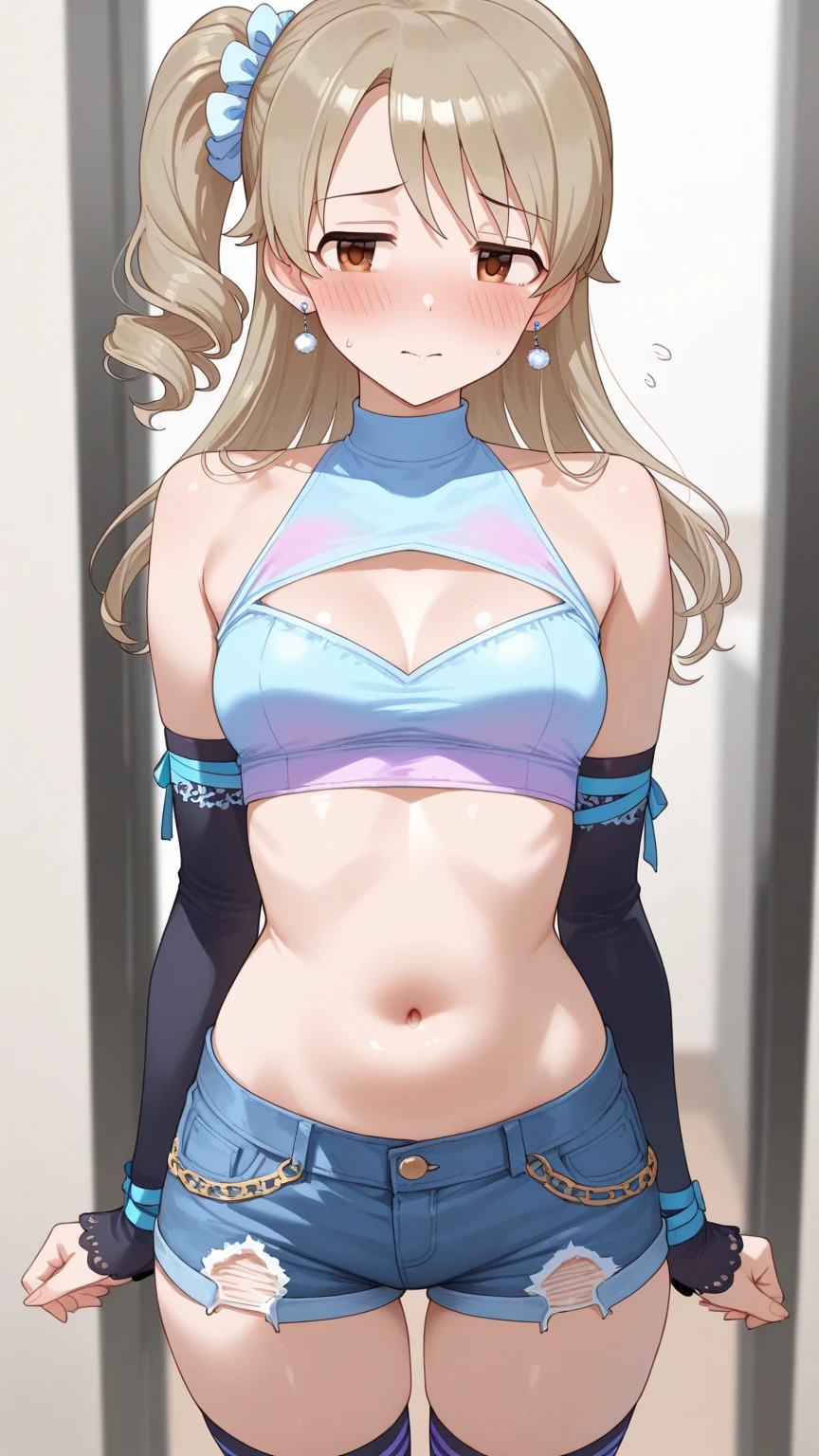 1 woman, alone, 8K, masterpiece,, Masterpiece, 8ก, (big breasts:1.5), Cute face, Stationary face , look at the audience., , (nipple:1.6), (hairy:1.8), blue panties, Show some shirts.. ,