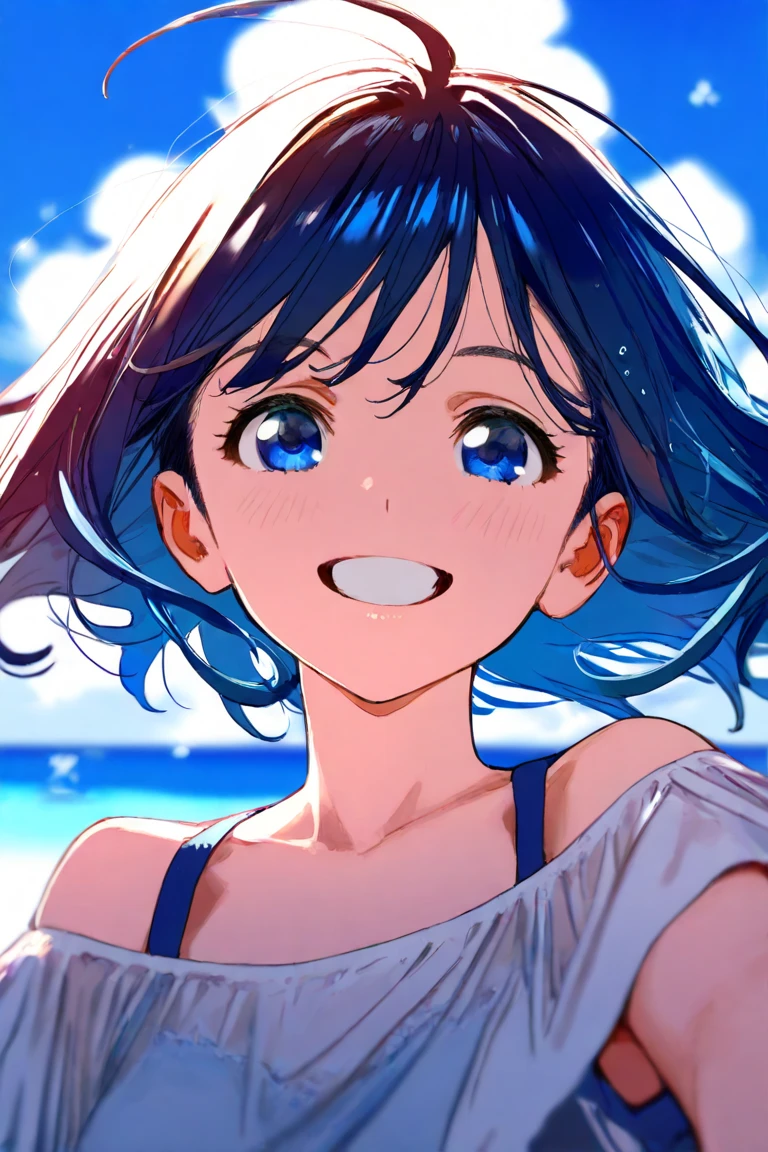 (Highest quality:1.4、8K:1.4、detailed)、F cup bust、Slim body、Very white beautiful skin、((((1 person、Surprised expression、sit、Chair、In the background are the urban buildings of Tokyo、looking at the camera、Outdoor café terrace、coastal、Navy hair color、juice、Shooting up close、table、Very cute face))))、(((())))、(Pose of putting hair behind ears with hands:1.4)、Very blue sky、A completely cloudless sky