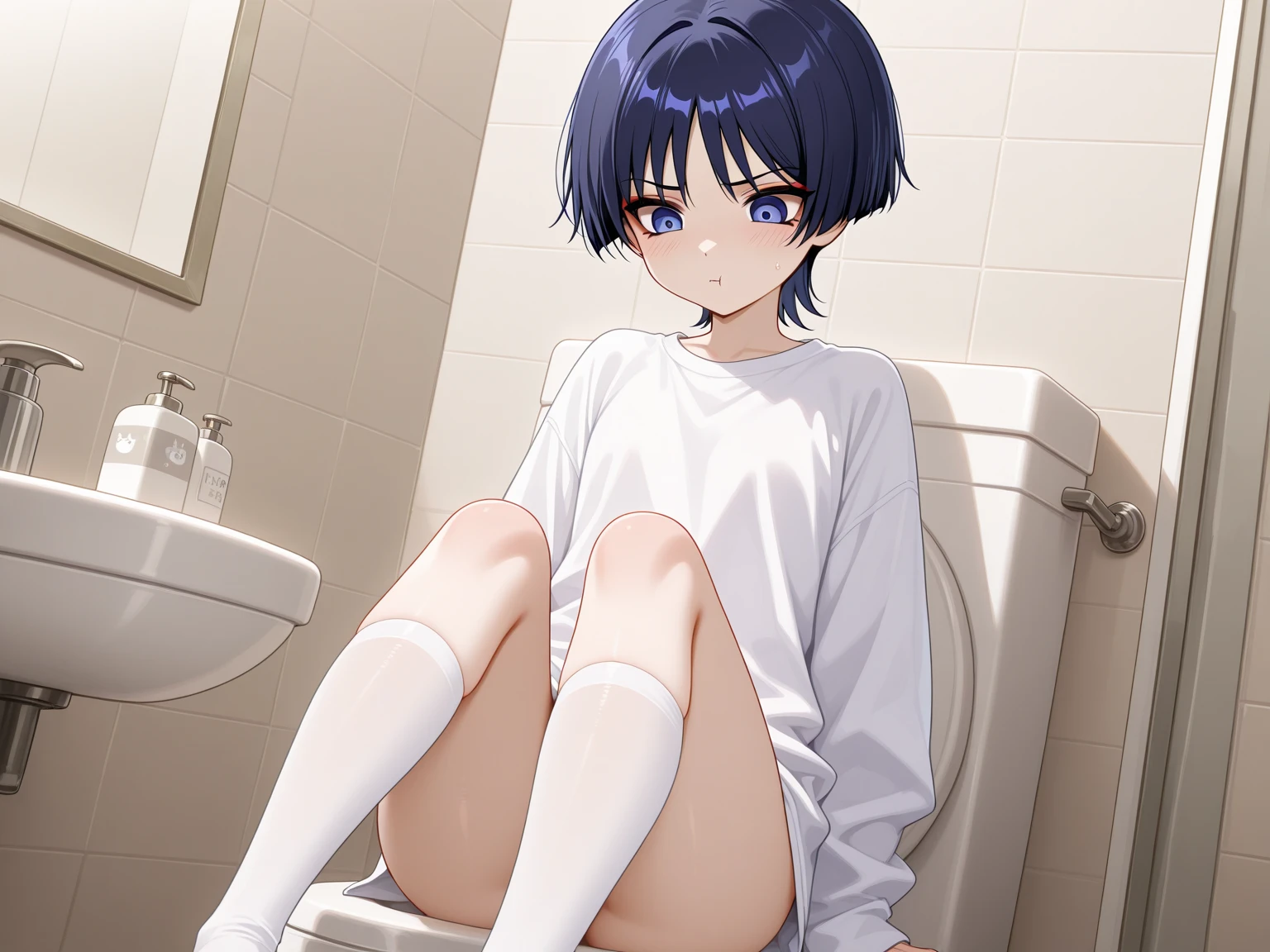 1.woman embarrassed looking at camera small breasts short hair nude examination nipples legs wide open black hair squatting barefoot hospital front view (Urinating:1.2) Peeing into a small cup, bottom angle