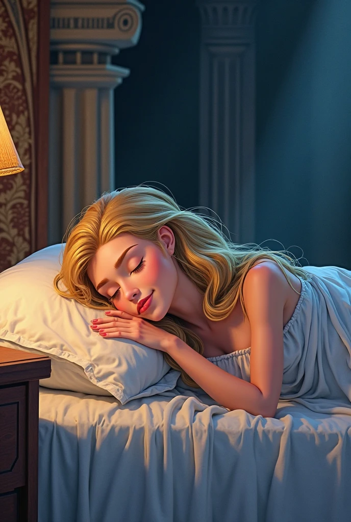 Create a high-quality, detailed image of a beautiful anime girl asleep on her bed. She is wearing a see-through tank top and sexy sleep shorts, highlighting her relaxed and peaceful state. She has long blonde hair that cascades over her pillow and bed. The setting is a nerdy room filled with various geeky and gaming paraphernalia, including posters, action figures, and gaming consoles.
The room is softly lit by the glow of a TV in the background, which is turned on, casting a gentle, ambient light. Outside the window, it is clearly nighttime, with a dark sky and faint moonlight filtering in. The overall scene should exude a serene, cozy atmosphere, capturing the quiet, intimate moment of the girl asleep in her nerdy sanctuary.