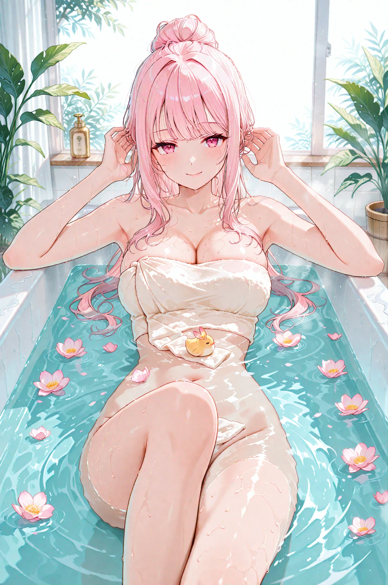 The image is of a beautiful woman completely nude in a bathtub. The woman has long flowing pink hair with strands of braided hair tied with red ribbon. She has gorgeous green eyes that shine like emeralds. Her face is youthful and gorgeous. Her breasts are ample and perky. She is short in height but well developed -a short stack. She smiles seductively at you as you enter the bathroom. The image is ultra detailed with gorgeous colors, perfect line work, and detailed shading. The image really portrays the sexiness of the character. Bathroom, bathtub, bathing, perky nipples, medium breasts, big ass, nsfw,