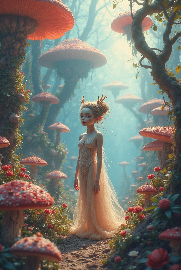 a forest fantasy scene, a beautiful elf in a magical forest, intricate fantasy forest landscape, whimsical fantasy forest environment, detailed fantasy forest with mythical creatures, fantasy forest with glowing mushrooms and fireflies, vibrant fantasy forest with lush vegetation, enchanted fantasy forest with ethereal lighting, a serene elf standing in a mystical fantasy forest, highly detailed and realistic fantasy forest landscape, (best quality,4k,8k,highres,masterpiece:1.2),ultra-detailed,(realistic,photorealistic,photo-realistic:1.37),fantasy,forest,elf,magical,intricate,whimsical,detailed,glowing mushrooms,fireflies,vibrant,lush vegetation,enchanted,ethereal lighting,serene,highly detailed,realistic