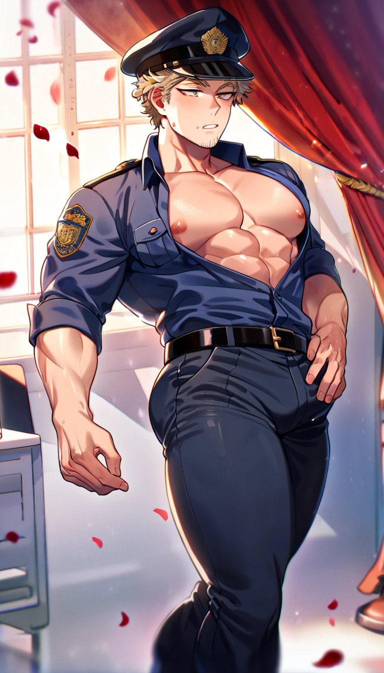 ((Best quality, masterpiece, detailed anatomy, detailed eyes, detailed hands, perfect lighting, perfect shading.)), by Bebebebebe, by K0bit0wani, by Zackary911, 1Male, solo, low-angle view, looking down at viewer, smirking, Pitbull, white furs, dark blue eyes, big muscular body, adult body, unbuttoned suit, unzipped pants, presenting penis, canine penis, knot, sunglass, In front of the night club entrance