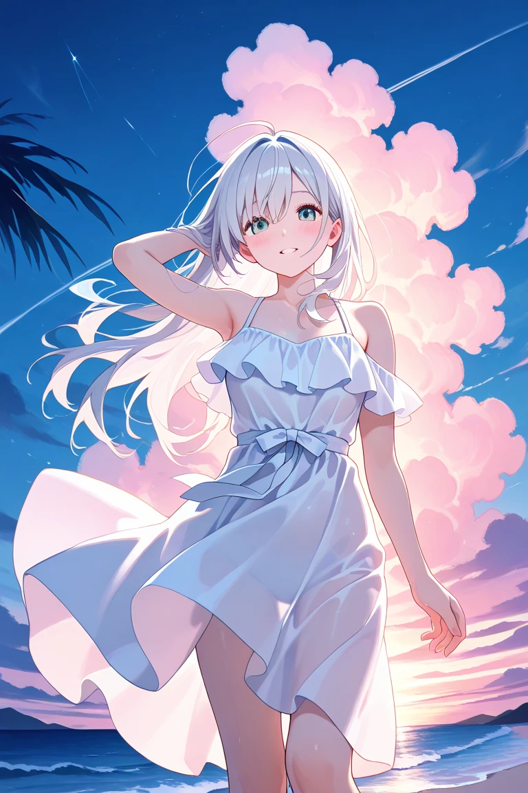 silver long hair, smile girl, have a drink, sunset, front light, from below