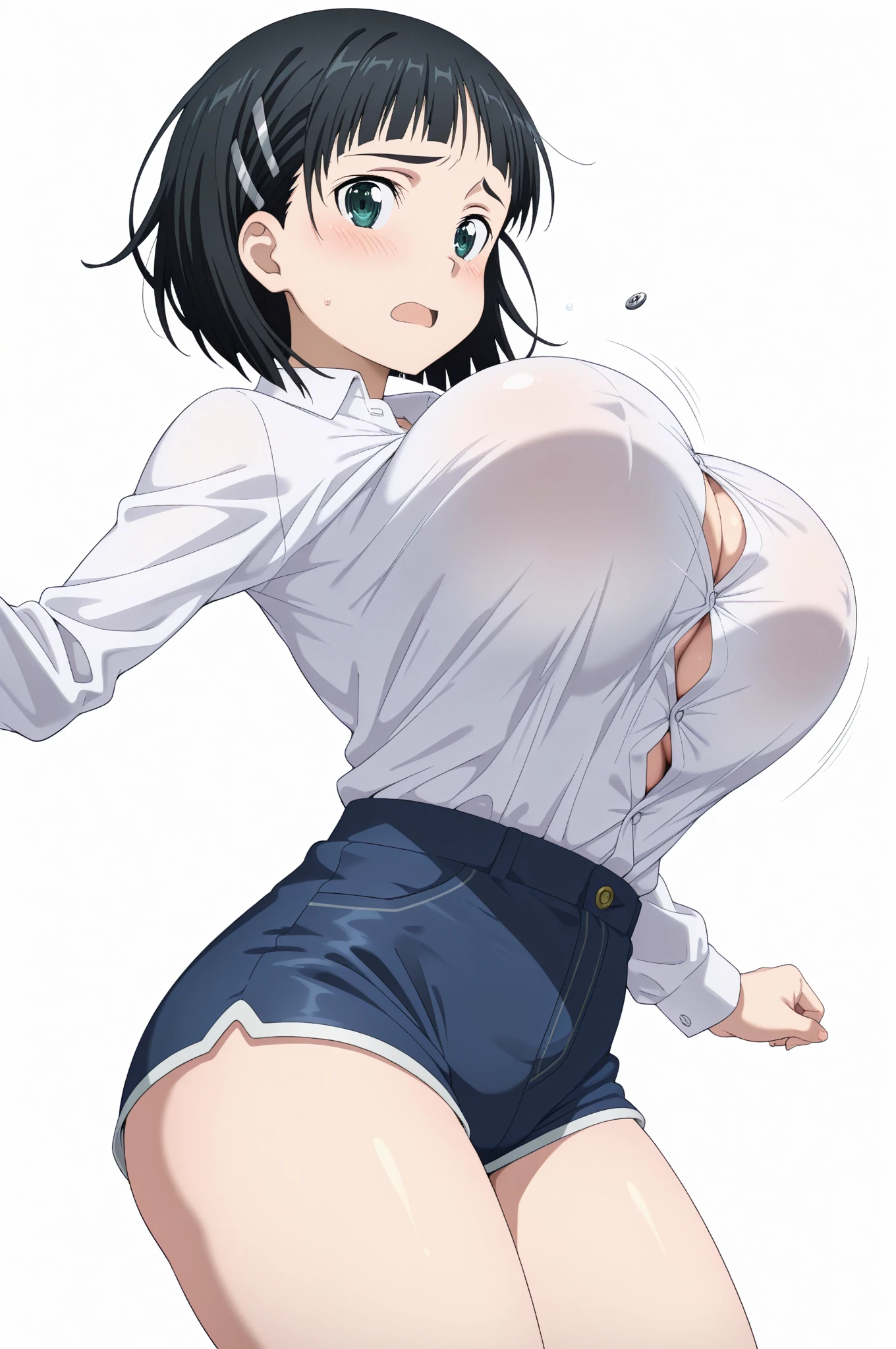 (Close-up、16K、highest quality、high detail、Rich skin details)、((nfsw))、Watch everywhere、obedience、very big breasts、blunt bangs、obesity、medium hair、red eyes、blushed、((embarrassing))、A sloppy smile、wet、big ass、raise your arms、raise your legs、very large thighs、arms behind head、tied arms、swollen、ミニskirt、both armpits、white knee socks、pleats_skirt、black hair、Red and blue leotards、