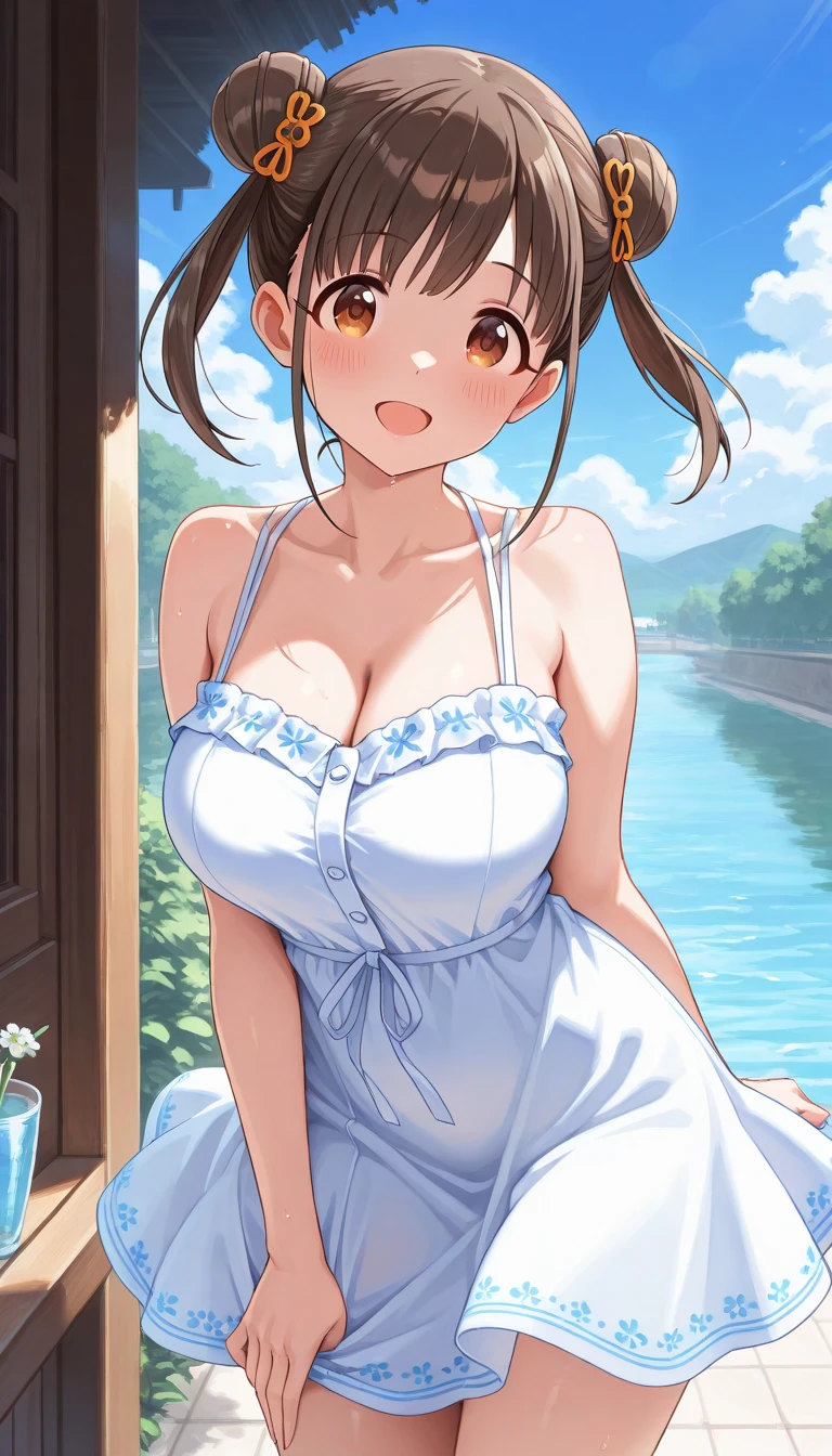 highest quality, Super detailed, (Ultra High Resolution 8K), ((Apron Lift)), Naked Apron, Very shy girl, Big Breasts, Show your underbelly, (Blushing, Embarrassing), Very hot day, Shade, Seduce, Professional photography techniques, Beautiful crotch, Angle from below