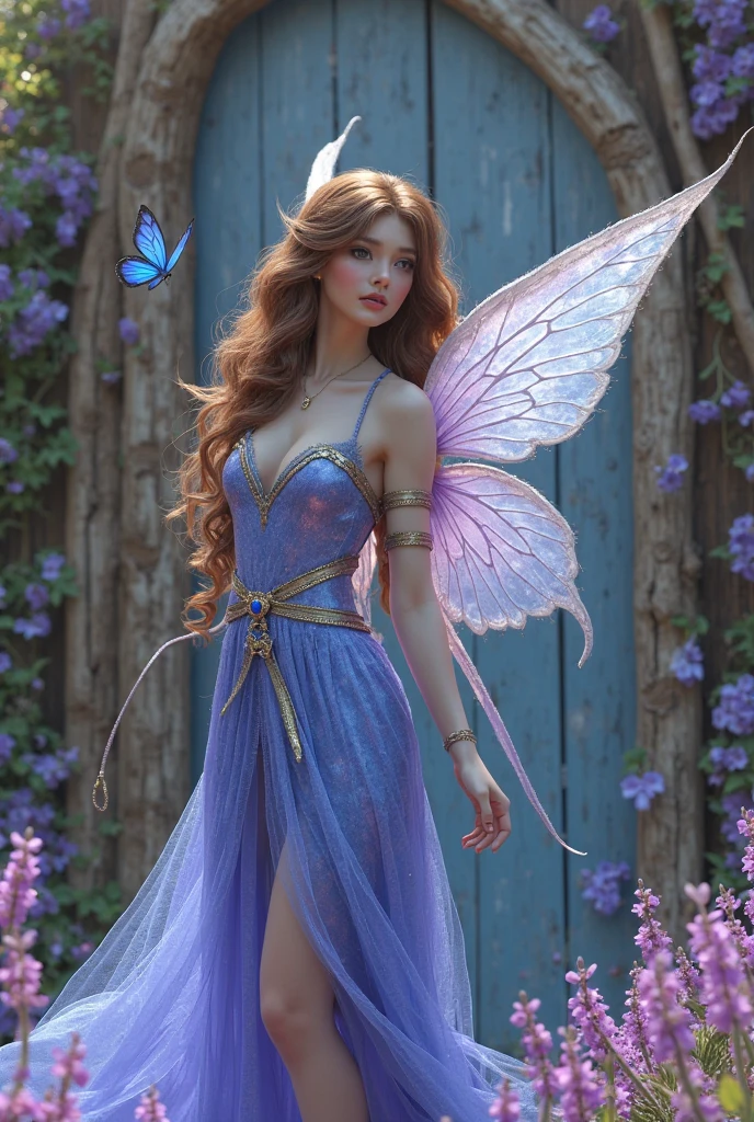(medium full shot) of  (mystical fairy) young woman, russian, blue eyes, fair skin, tall,,             wearing a corset top with delicate lace details,magical wrap skirt with vine accents, silver ballet flats, ruby red half-up, half-down with tiny braids, translucent butterfly wings, floral face paint,tiny bell anklet, laughing, squatting, set in  a magical flower meadow, where each bloom has a unique, otherworldly color and the air shimmers with enchantment, Masterpiece,best quality, photorealistic, amazing quality, very aesthetic, extremely detailed face,