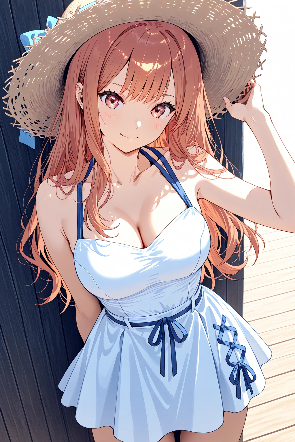 A woman with average height, with a curvy build; curly red hair; blue eyes; freckled face; a perpetually cheerful smile; soft breasts; clearly in love; visiting the zoo; soft blur background, clear complexion, wearing a sundress