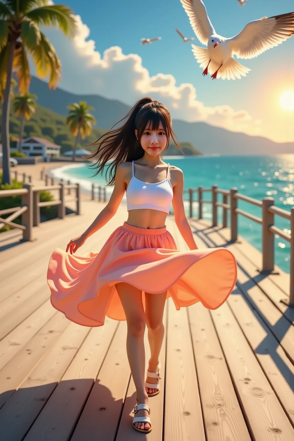 et against a bright, sunny beach backdrop, she wears a vibrant, high-waisted floral mini skirt with a matching crop top. Her warm ivory skin contrasts beautifully with the bold colors of her outfit. Her black hair is styled in a playful, high ponytail. She twirls on the sand with one arm raised and the other holding the edge of her skirt, creating a sense of movement and fun. The sunlight and gentle breeze add a dynamic quality to the scene, highlighting the lively colors and textures of her outfit.