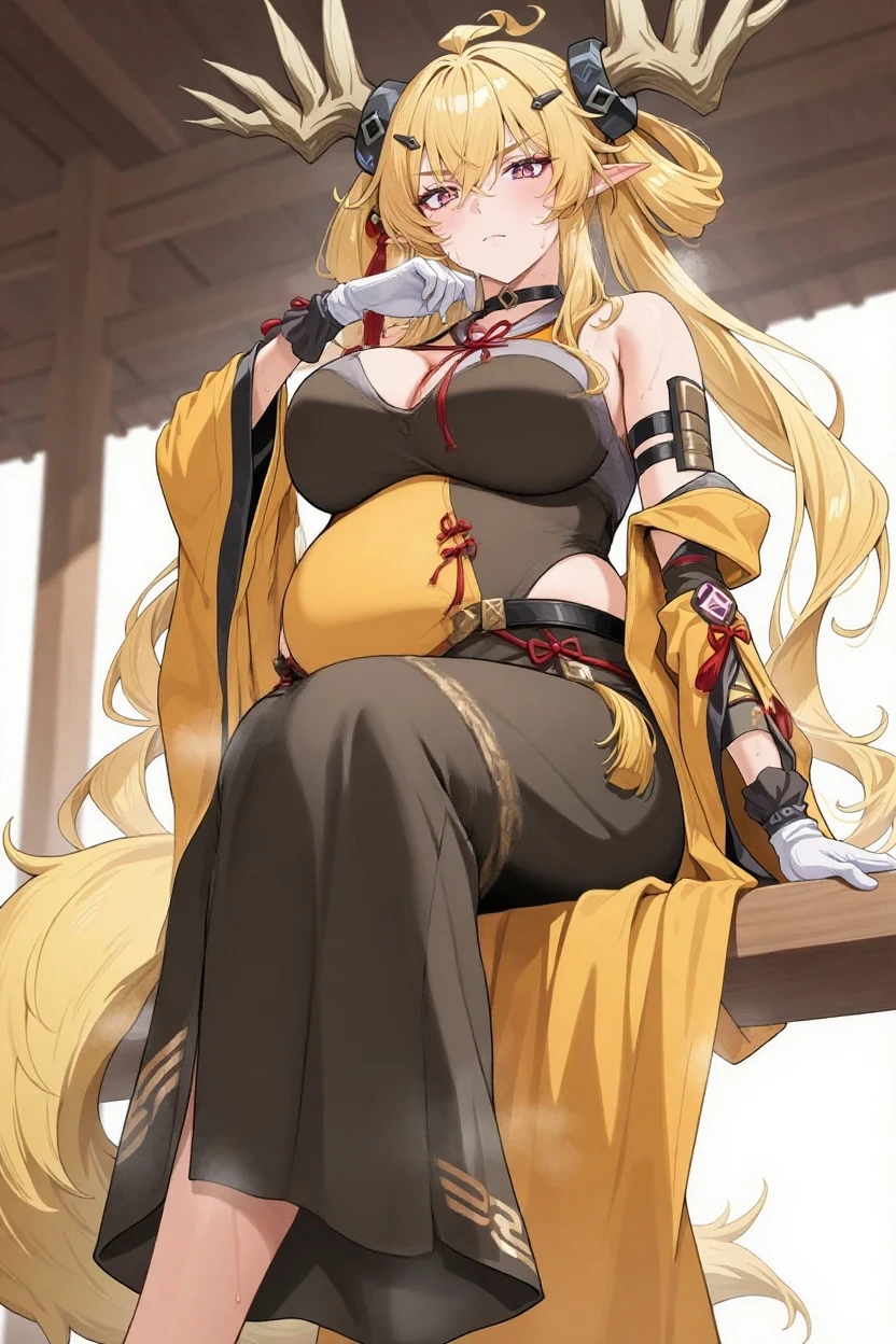 ((Masterpiece, plain background,1:2, masterpiece)) full body standing with separate yellow tiger print stockings thighs and sleeves, yellow tiger bikini print, hands on waist, navel, lustful smirking smiling, smile face (red blushed, red cheeks) armbands, black leather choker slave collar, metal sandals, big knockers, cleavage, separate sleeves, leather corset, hands on hips, shackles bracelets, slave red crest, loincloth standing, metal sandals, big belt, view from below, feet together, bracers, standing contrapposto straight symmetrical looking to viewer