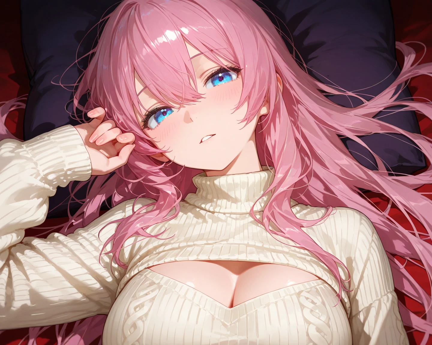 ((High quality)) 1 woman, pink fur, lifting up her shirt showing her bare nipples, big breasts, with a lustful smile, slightly muscular body, white office clothes,