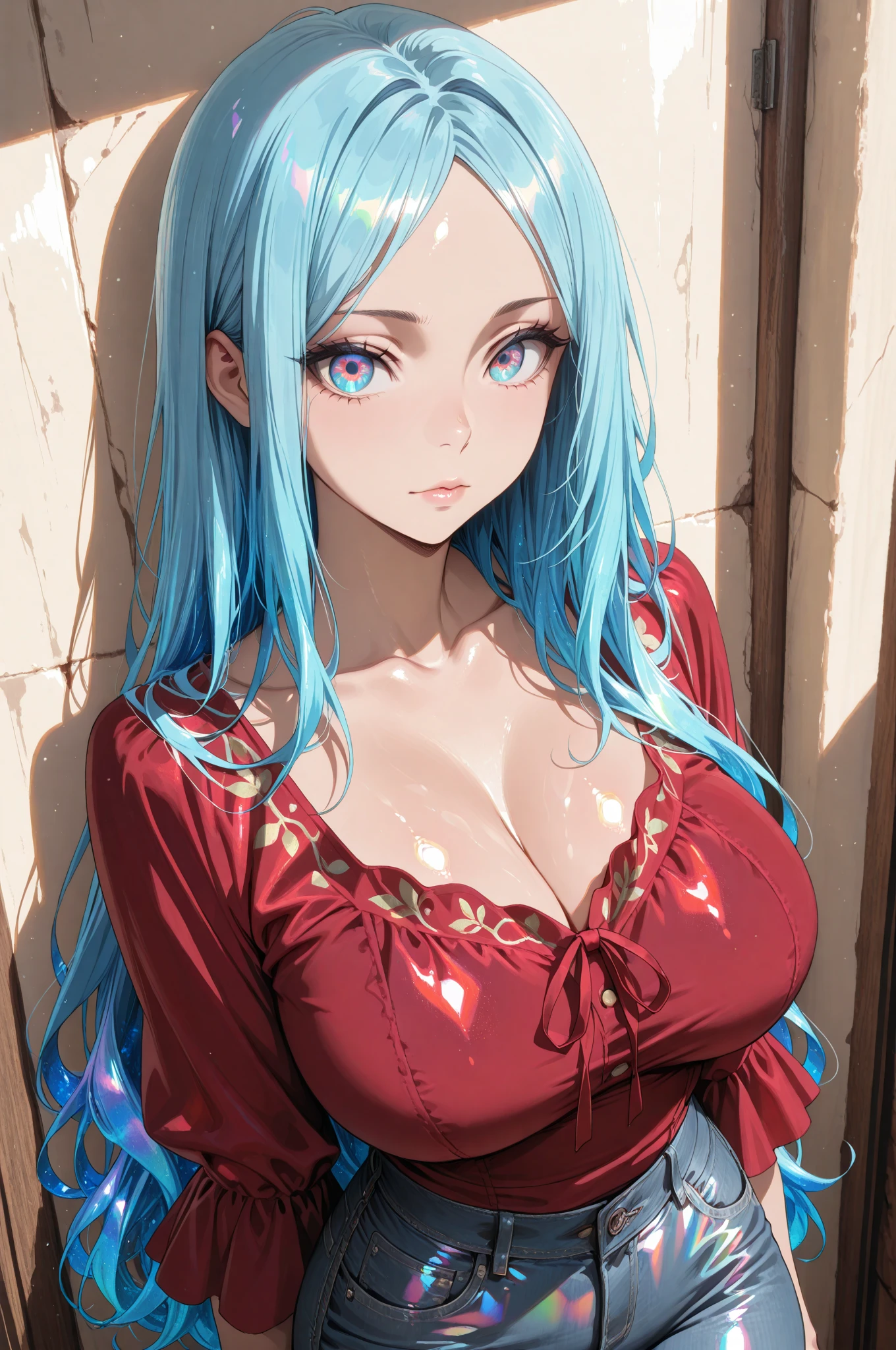 kelolinde,1girl,jewelry,breasts,skirt,solo,shirt,bra,cleavage,pantyhose,necklace,looking at viewer,holding,red bra,long hair,blue hair, red eyes, detail face, detail hair, detail eyes
