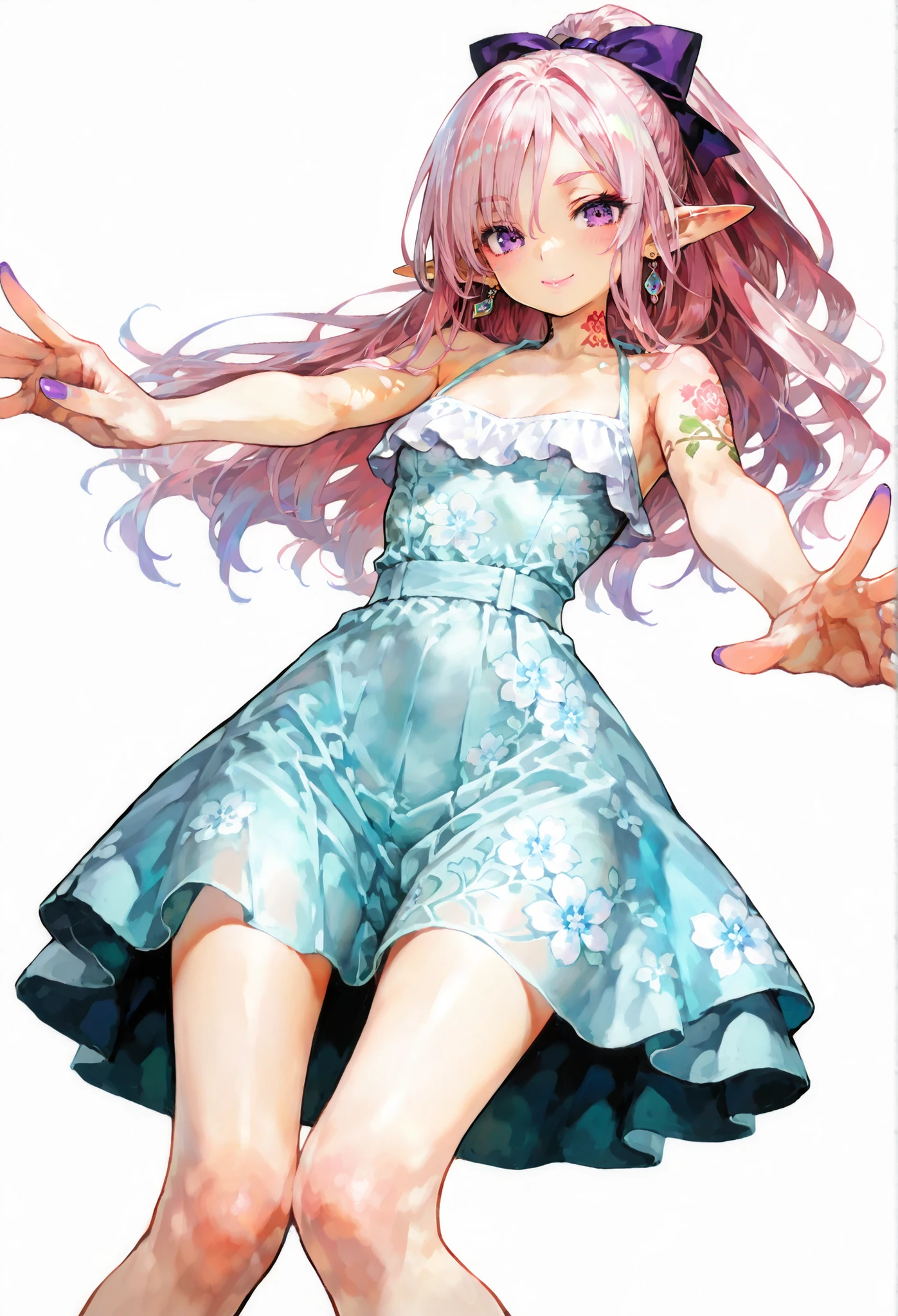 7-JapaneseArchitecture,masterpiece.( top quality), ( Ultra High Resolution), (white background):1.2, ((solo、petite girl getting her knees、stares at the audience、pink hair、long hair、ponytail、Hair between eyebrows、elf ears、PURPLE EYES、pink lips、jewelry、earrings.neck tattoo.flower tattoo.purple nails.smile、spot color、 small waist curve 、bare skin shoulders、floral summer dress.Elegant Posture、)Hands Up.spread your arms.Summer Park..portrait.information
